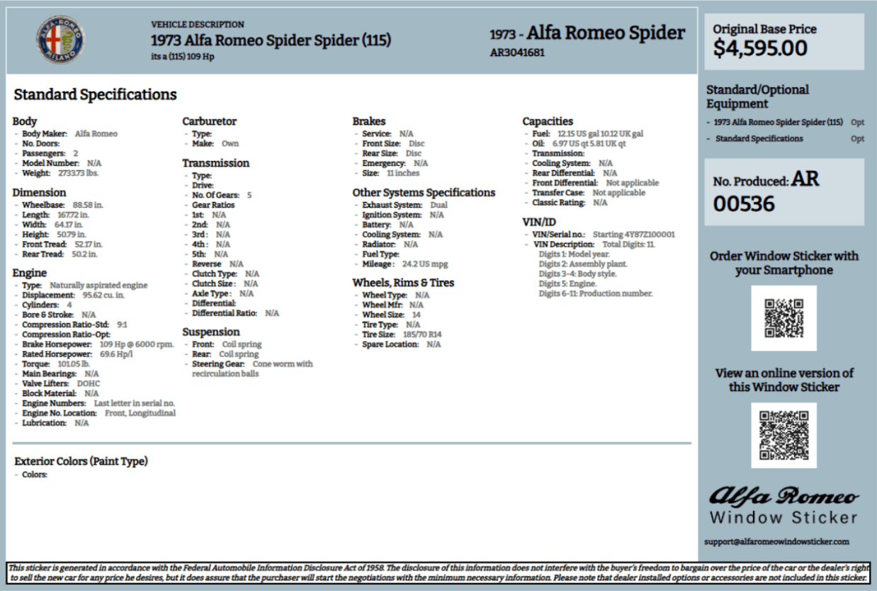build sheet alfa romeo spider 115